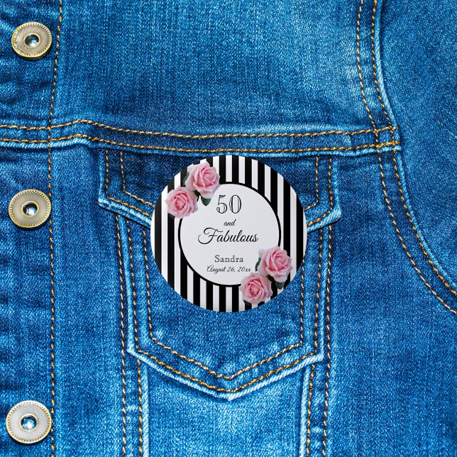 50 fabulous pink roses black white stripes 2 inch round button (Creator Uploaded)