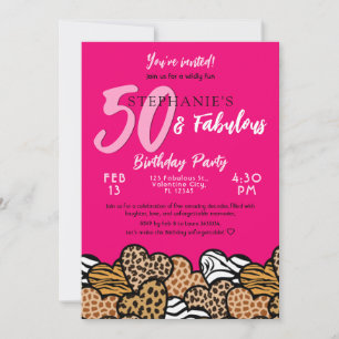 50 & Fabulous Pink Wild Hearts Fifty Birthday Invitation