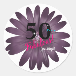 50 Fabulous, purple daisy glitter centre Classic Round Sticker