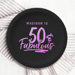 50 & Fabulous Purple Glitter 50th Birthday Name Paper Plate<br><div class="desc">50 & Fabulous Purple Glitter 50th Birthday Sparkle Paper Party Plates features the modern text design "50 & Fabulous" in purple glitter calligraphy script on a black background. Personalized with your custom name above by editing the text in the text box provided. Perfect for a 50th birthday party or celebration....</div>