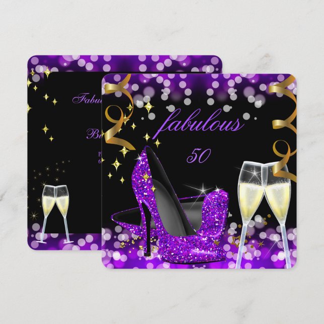 50 Fabulous Purple Glitter High Heel 50th Birthday Invitation (Front/Back)