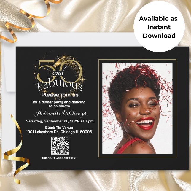 50 & Fabulous QR Code Black Gold Instant Download Invitation (Two-sided 50 & Fabulous Elegant 1 Photo Personalizable Invitation for Mailing and Instant Download.)