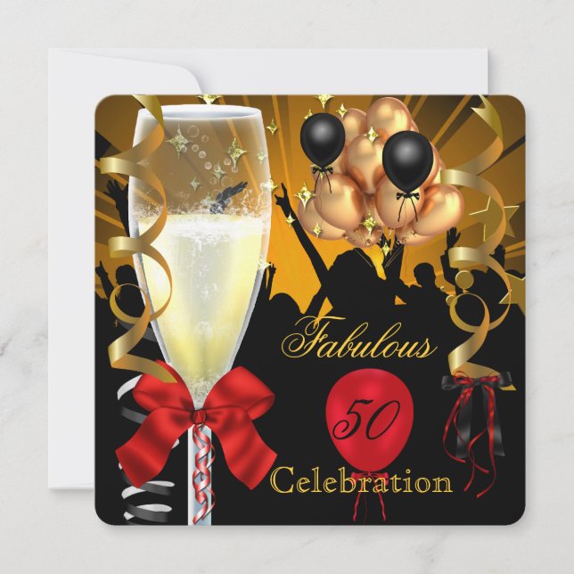50 & Fabulous Red Gold Black Birthday Party 2 Invitation (Front)