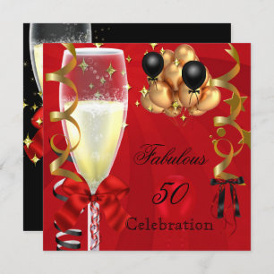 50 & Fabulous Red Gold Black Birthday Party Invitation