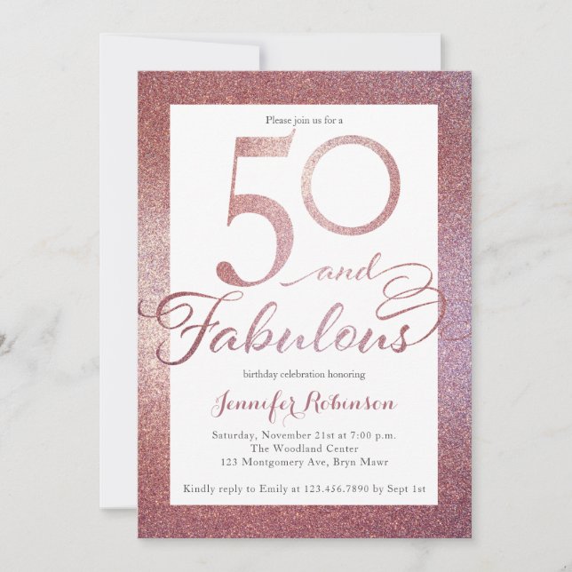50 Fabulous Rose Gold Glitter Birthday Party Invitation (Front)