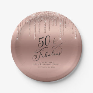 50 Fabulous Rose Gold Glitter Personalized Paper Plate