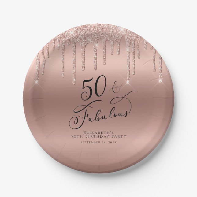 50 Fabulous Rose Gold Glitter Personalized Paper Plate (Front)