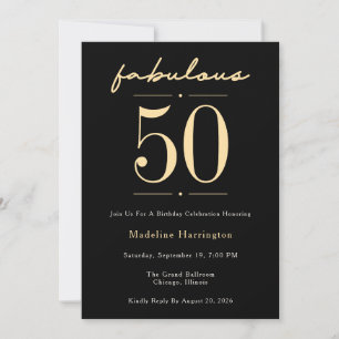 50 & Fabulous Script Black Gold Birthday Party Invitation