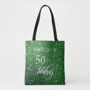 50 & Fabulous Script Sparkling Deep Green Glitter Tote Bag