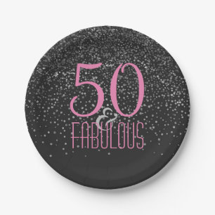 50 & Fabulous Silver Confetti Pink 50th Birthday Paper Plate