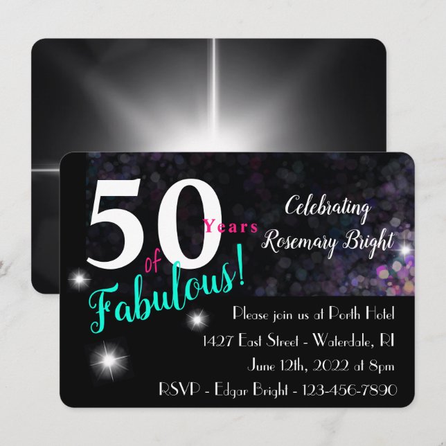 50 fabulous, simple bold pink teal white, w/ stars invitation (Front/Back)