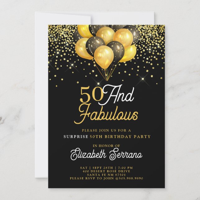  50 Fabulous Surprise Birthday Gold Black Glitter  Invitation (Front)