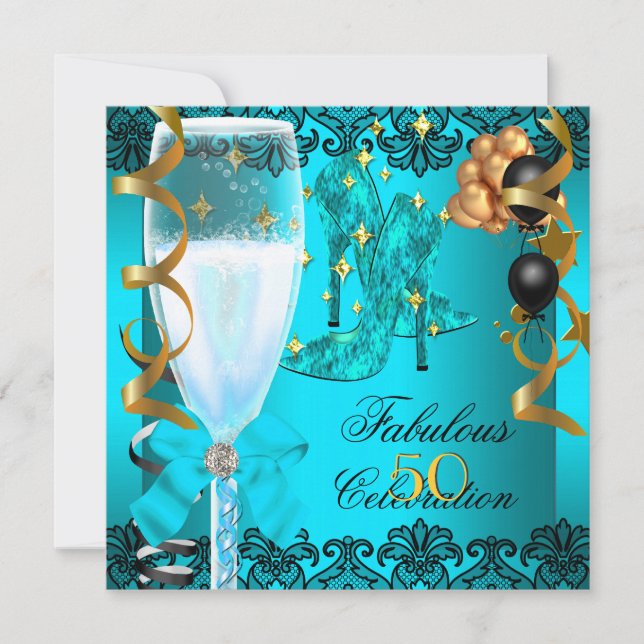 50 Fabulous Teal Black Gold 50th Champagne Party Invitation (Front)
