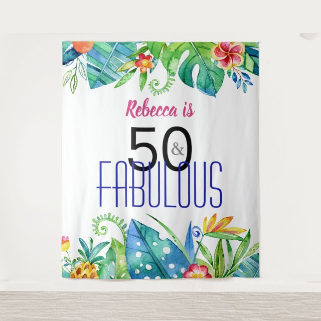 50 & Fabulous Tropical Floral Photo Booth Backdrop Tapestry (Front)