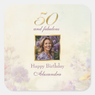 50 & Fabulous Vintage Purple Gold Floral Birthday Square Sticker