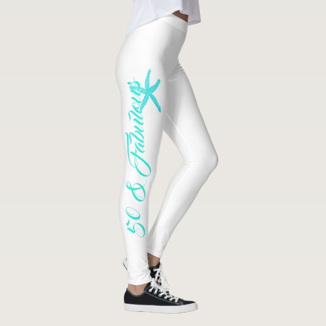 50 & Fabulous White Teal Blue Aqua Starfish Cool Leggings (Right)