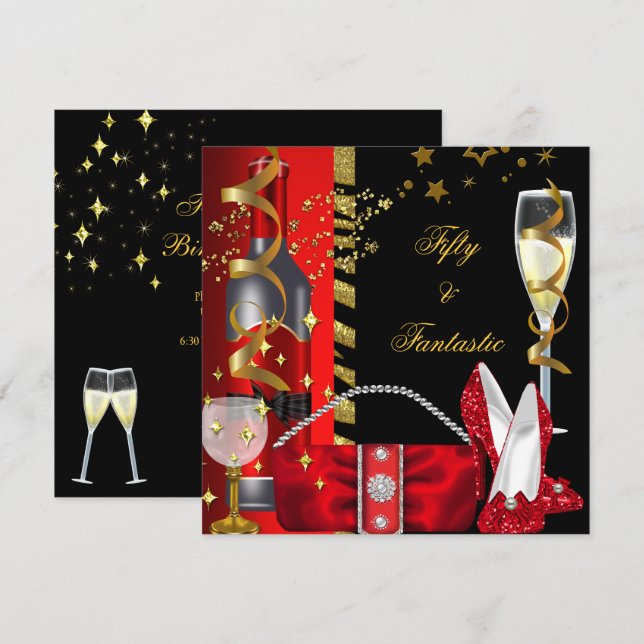 50 & Fantastic Red Black Gold Birthday Party Invitation (Front/Back)