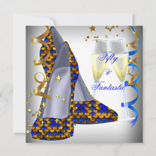 50 & Fantastic White Shoes Blue Sequins Birthday Invitation
