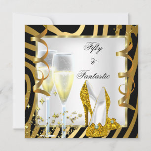50 & Fantastic Zebra Black White Gold Party Invitation
