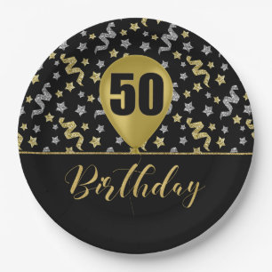 50 Gold Birthday Ballon on Black Gold Confetti Paper Plate