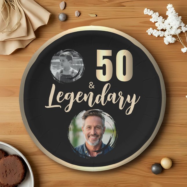 50 & Legendary 2 Photos 50th Birthday Gold Paper Plate (Creator Uploaded)