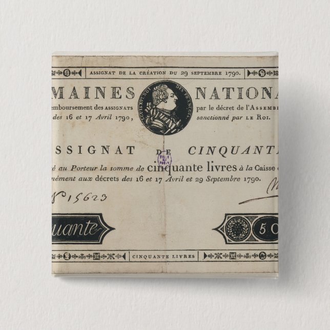 50 livres bank note, 29th October 1790 2 Inch Square Button (Front)