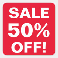 50 Percent Off sale price sticker for retail shop