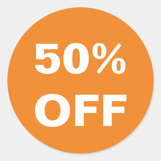 50 Percent Off the price orange retail stickers (Front)