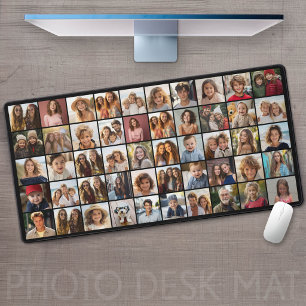 50 Photo Collage Grid - Script Text - Black Desk Mat