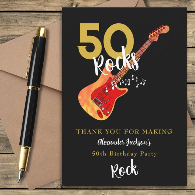 50 Rocks 50e anniversaire Merci de fête (50 Rocks cool guitar 50th birthday party thank you card gold and black personalized )
