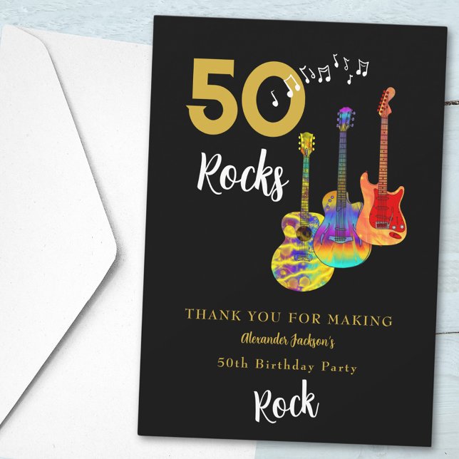 50 Rocks 50th Birthday Party Thank You (Rock and roll 50th birthday party thank you 50 rocks funky guitar gold and black)