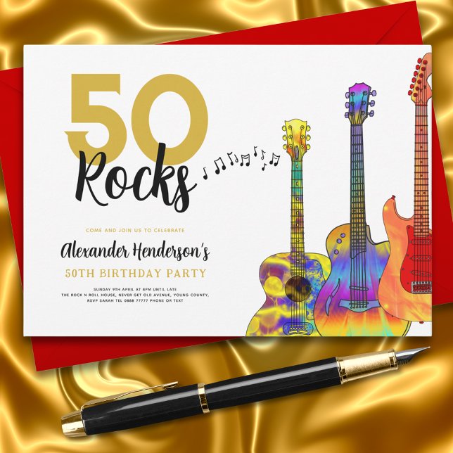 50 Rocks Cool Guitar 50th Birthday Party Invitation (Rock and roll 50th birthday party invitation cool colorful guitar 50 rocks black and gold)