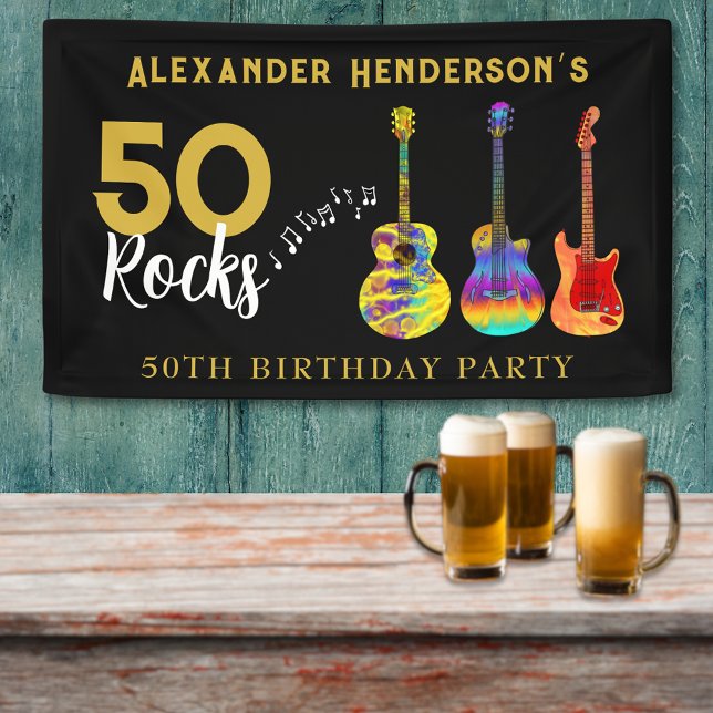 50 Rocks for Him Birthday Party Banner (50 Rocks birthday banner personalized for him funky guitars cool gold and black 50th birthday )