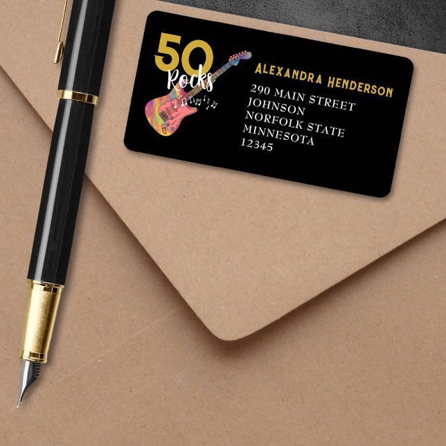 50 Rocks Pink Black Gold 50th Birthday Party Label (50 Rocks cool Pink Black and Gold 50th birthday party return address label )