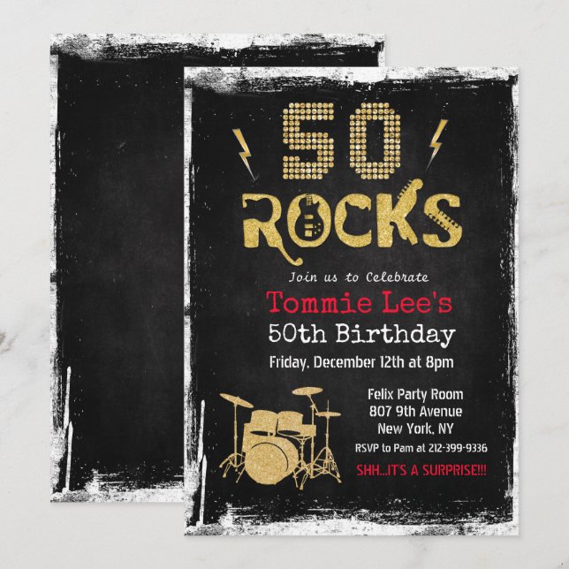 50 Rocks Rockstar Guitar 50th Birthday Invitation (Front/Back)