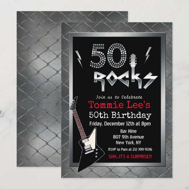 50 Rocks Rockstar Guitar 50th Birthday Invitation (Front/Back)