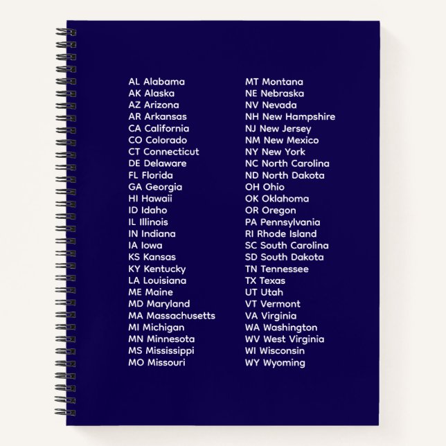 50 States Abbreviations – Blue Spiral Notebook (Front)