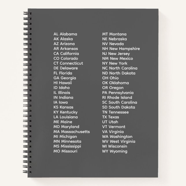 50 States Alphabetical Order – Grey Notebook (Front)