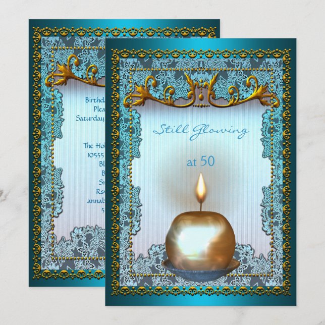 50 Still Glowing Birthday Teal Gold Candle Glow Invitation (Front/Back)