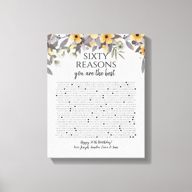 50 things we love about you silver yellow flowers canvas print (Front)