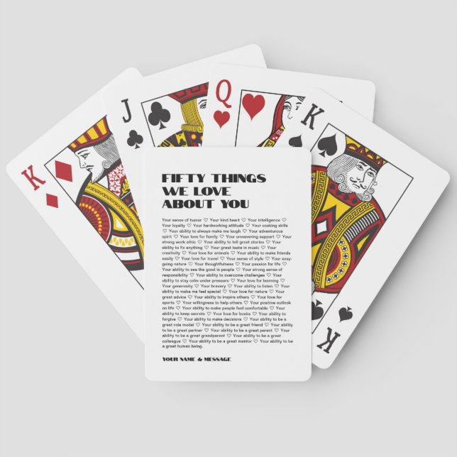 50 things we love about you template Birthday Playing Cards (Back)