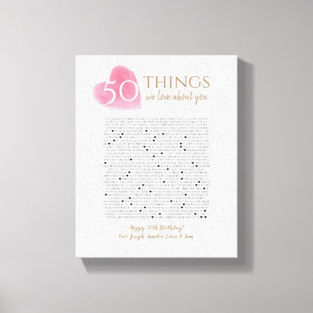 50 things we love about you watercolor heart mom canvas print (Front)