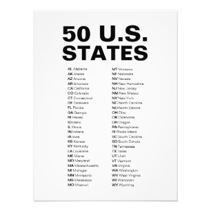 50 U.S. States Abbreviations List Photo Print