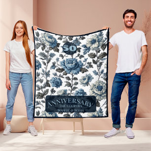 50 Wedding Anniversary Dusty Blue Floral Art Peony Fleece Blanket