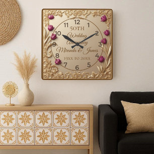 50 Wedding Anniversary Opulent Baroque Tulip Frame Square Wall Clock