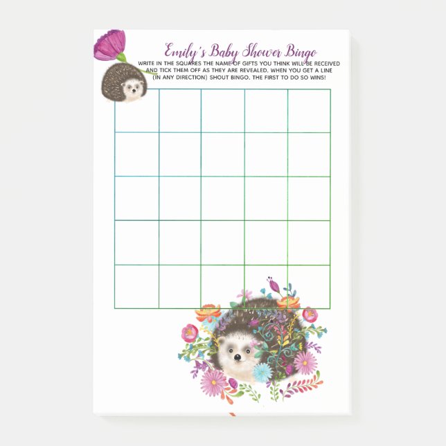 50 x BINGO Game Sheets for Baby Hedgehog Post-it Notes (Front)