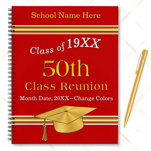 50 year Class Reunion Ideas, Customizable Deluxe  Notebook (50th Class Reunion Party Supplies. 50 year reunion sign up book. Red personalized deluxe notebook.)