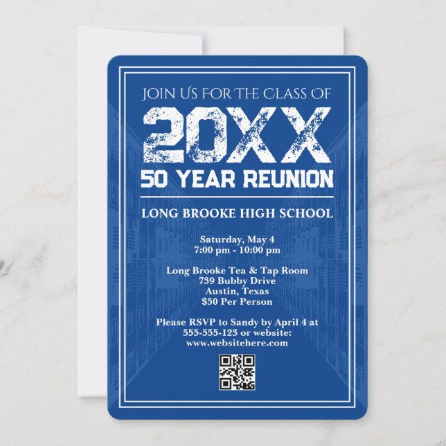 50 Year High School Reunion Retro Blue Varsity QR Invitation (Front)