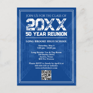 50 Year High School Reunion Retro Blue Varsity QR Postcard