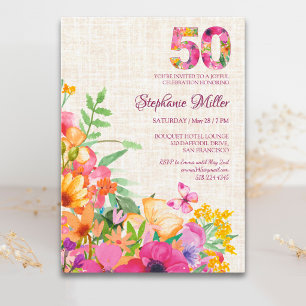 50 Years Flowers Floral Linen 50th Birthday Invitation
